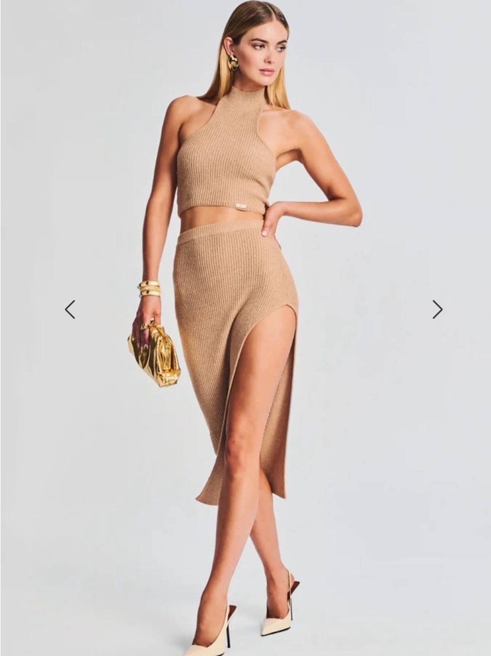 SEROYA Ribbed High-Neck High-Slit  Set in Camel,great condition